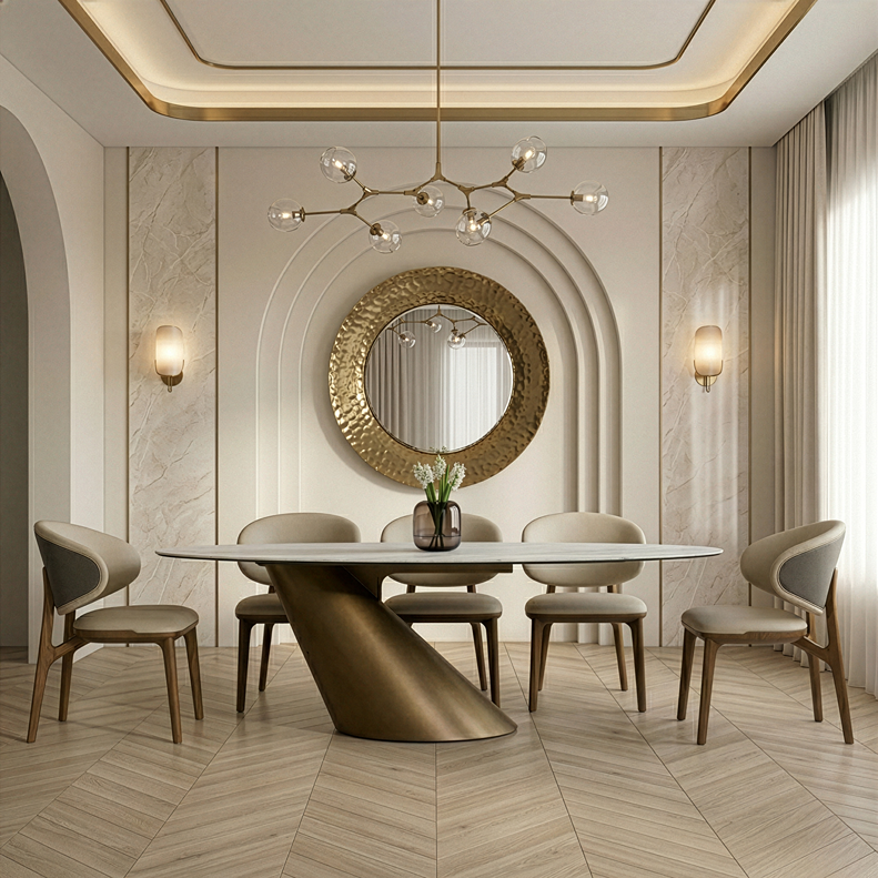 Gresham - Contemporary White Ceramic + Brushed Brass Dining Table - View Image 1