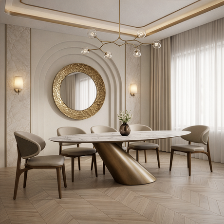 Gresham - Contemporary White Ceramic + Brushed Brass Dining Table - View Image 1