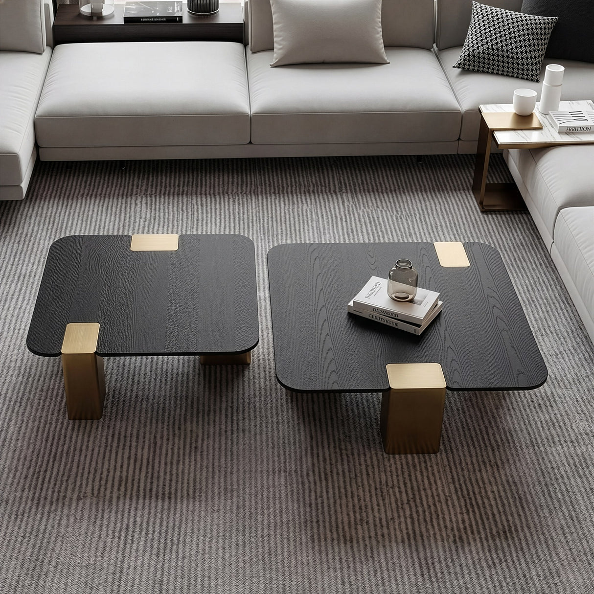 Harold - Modern Black + Brushed Gold Oak Square Nesting Coffee Table Set - View Image 1