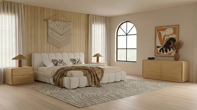 Eastern King Harris + Dustin - Modern Off-White Fabric + Natural Oak 4-Piece Bedroom Set - View Image 1
