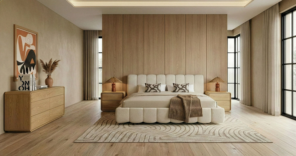 Eastern King Harris + Dustin - Modern Off-White Fabric + Natural Oak 4-Piece Bedroom Set