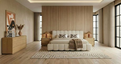 Eastern King Harris + Dustin - Modern Off-White Fabric + Natural Oak 4-Piece Bedroom Set