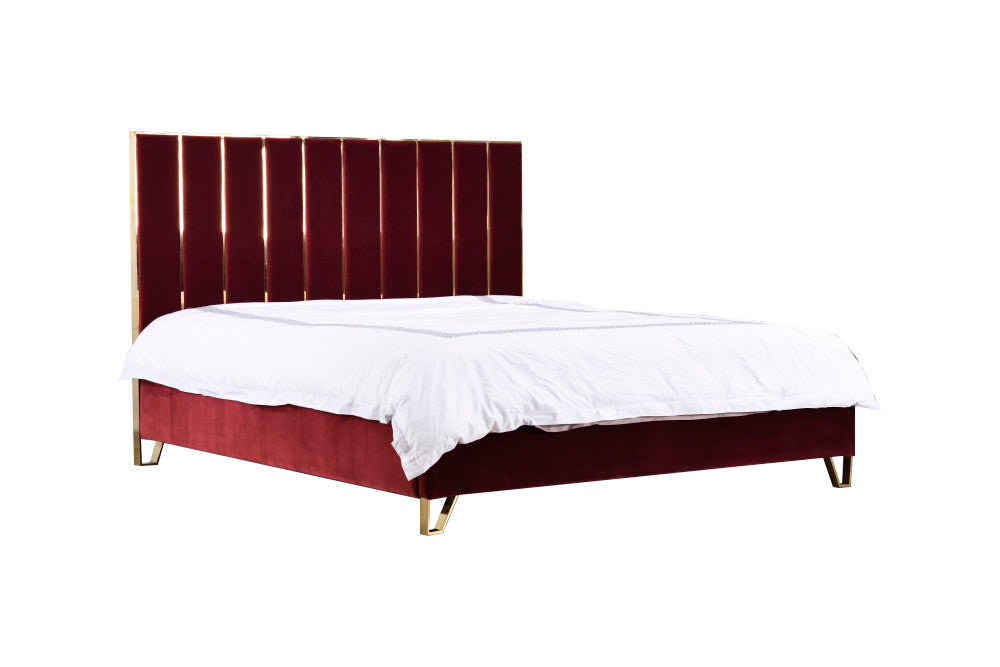 Eastern King Reyes Modern Red Velvet & Gold Bed - View Image 1