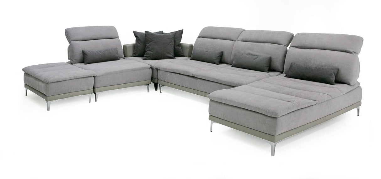 David Ferrari Horizon - Modern Grey Fabric + Grey Leather U Shaped Sectional Sofa | Home Elegance USA