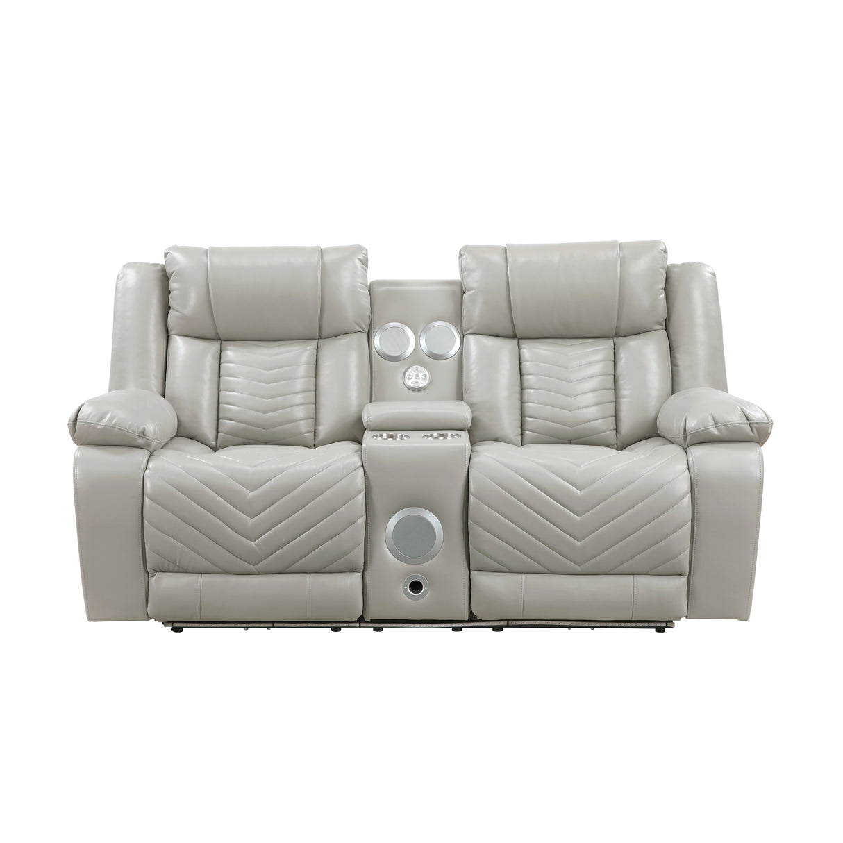 Homelegance Huron gray power reclining loveseat with center console, modern V-pattern stitching, and padded armrests