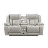 Homelegance Huron gray power reclining loveseat with center console, modern V-pattern stitching, and padded armrests