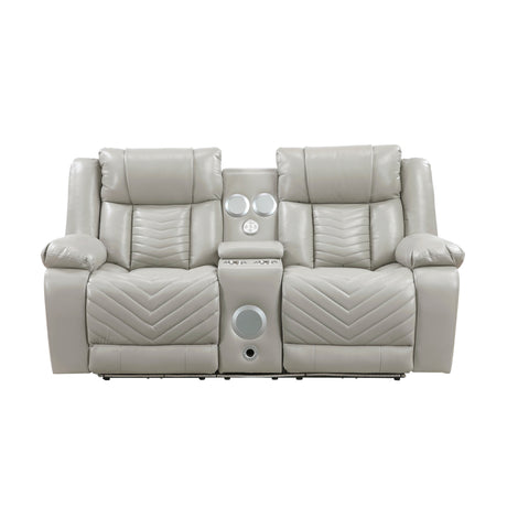 Homelegance Huron gray power reclining loveseat with center console, modern V-pattern stitching, and padded armrests