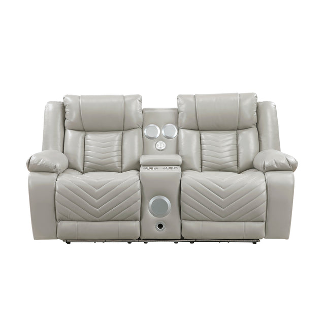 Homelegance Huron gray power reclining loveseat with center console, modern V-pattern stitching, and padded armrests