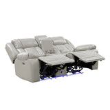 Dual power reclining loveseat fully extended showing leg support and LED base lighting