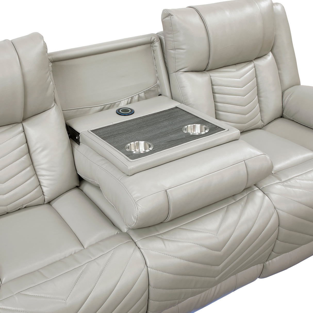 Huron Gray Sofa Drop-Down Table with Wireless Charger and Cup Holders