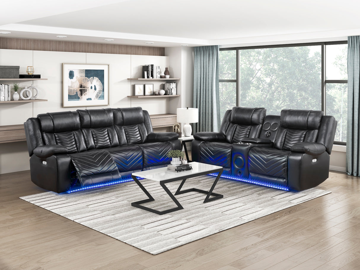 Huron power reclining sofa and loveseat in black by Homelegance 8457 room view