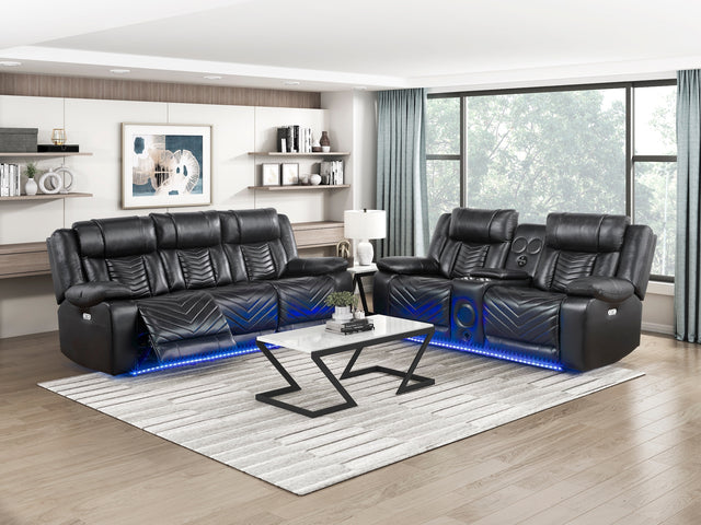 Huron power reclining sofa and loveseat in black by Homelegance 8457 room view