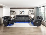 Huron Modern black leather sofa set with LED lighting in a living room.