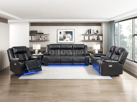Huron Modern black leather sofa set with LED lighting in a living room.