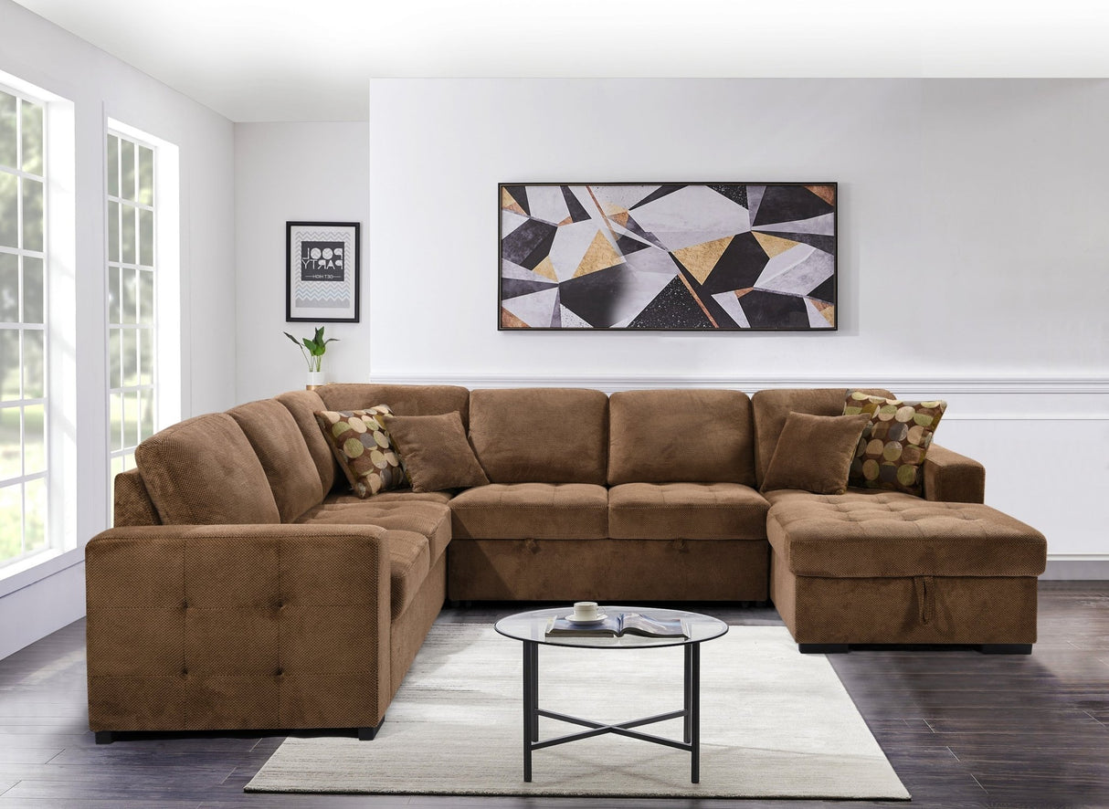 123" Oversized Sectional Sofa with Storage Chaise, U Shaped Sectional Couch with 4 Throw Pillows for Large Space Dorm Apartment. Brown - W1417S00002 - image - 1