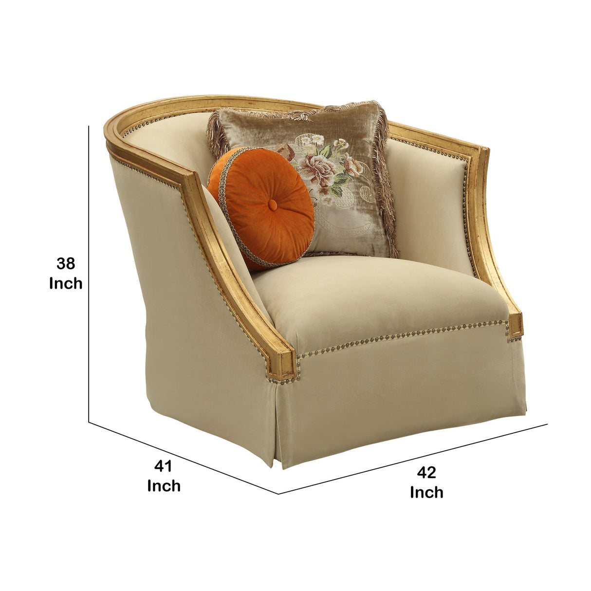 41 Inch Modern Fabric Curved Accent Chair, 2 Accent Pillows, Gold, Beige - Home Elegance USA
