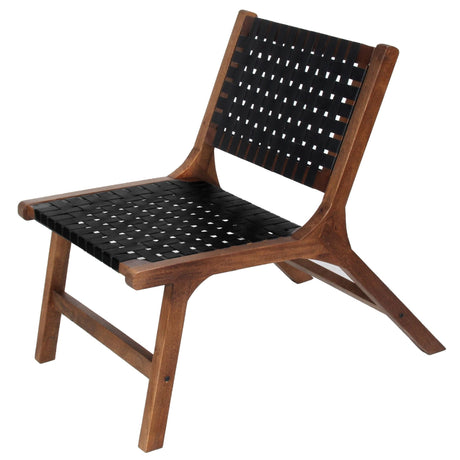 36 Inch Mango Wood Accent Chair, Woven Genuine Leather Seat, Walnut Brown, Black - Home Elegance USA