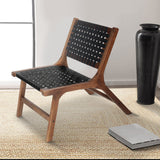36 Inch Mango Wood Accent Chair, Woven Genuine Leather Seat, Walnut Brown, Black - Home Elegance USA