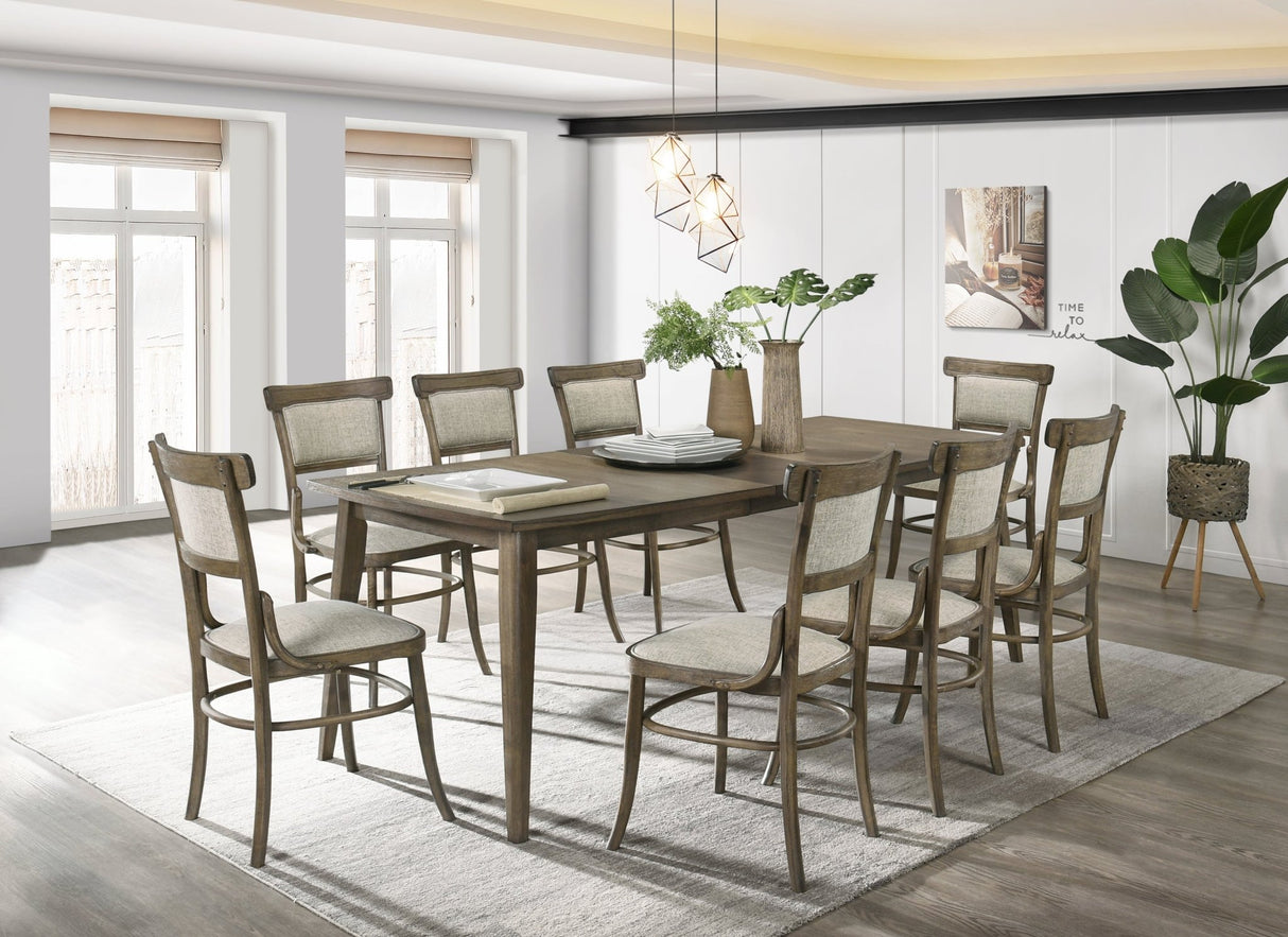 Bistro Vintage Walnut 9 Piece Dining Table with Extension Leaf and Off White Fabric Dining Chairs | Home Elegance USA