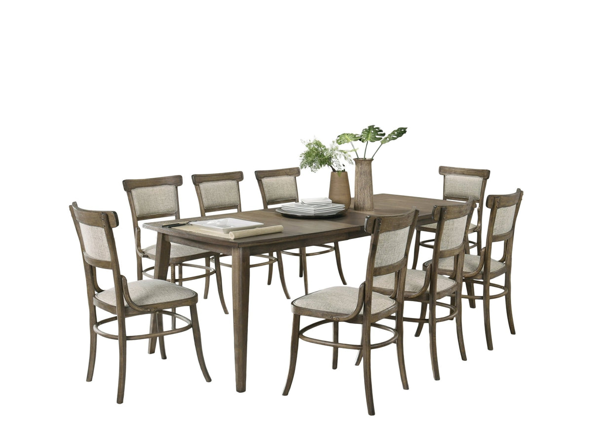 Bistro Vintage Walnut 9 Piece Dining Table with Extension Leaf and Off White Fabric Dining Chairs | Home Elegance USA