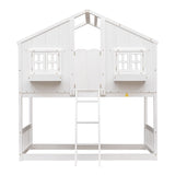 Twin over Twin House Bunk Bed with Roof , Window, Window  Box, Door , with Safety Guardrails and Ladder,White - Home Elegance USA