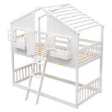 Twin over Twin House Bunk Bed with Roof , Window, Window  Box, Door , with Safety Guardrails and Ladder,White - Home Elegance USA