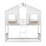 Twin over Twin House Bunk Bed with Roof , Window, Window  Box, Door , with Safety Guardrails and Ladder,White - Home Elegance USA