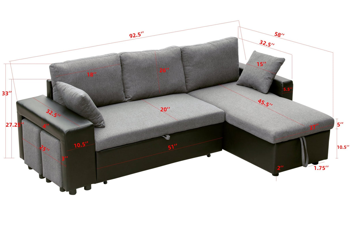 Artemax 92.5“Linen Reversible Sleeper Sectional Sofa with storage and 2 stools Steel Gray - W668S00006 - Home Elegance USA - 14