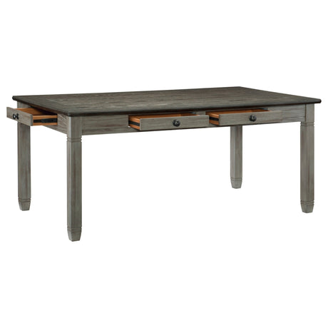 Antique Gray and Coffee Finish 6pc Dining Set Table w 6x Drawers Upholstered Bench 4x Side Chairs Casual Country Style Dining Room Furniture | Home Elegance USA