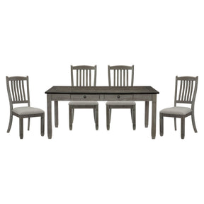 Antique Gray and Coffee Finish 5pc Dining Set Table w 6x Drawers Upholstered 4x Side Chairs Casual Country Style Dining Room Furniture | Home Elegance USA