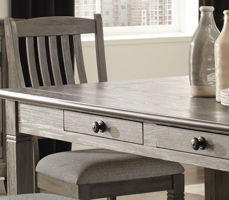 Antique Gray and Coffee Finish 6pc Dining Set Table w 6x Drawers Upholstered Bench 4x Side Chairs Casual Country Style Dining Room Furniture | Home Elegance USA