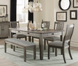Antique Gray and Coffee Finish 6pc Dining Set Table w 6x Drawers Upholstered Bench 4x Side Chairs Casual Country Style Dining Room Furniture | Home Elegance USA