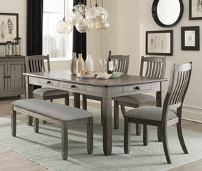 Antique Gray and Coffee Finish 6pc Dining Set Table w 6x Drawers Upholstered Bench 4x Side Chairs Casual Country Style Dining Room Furniture | Home Elegance USA