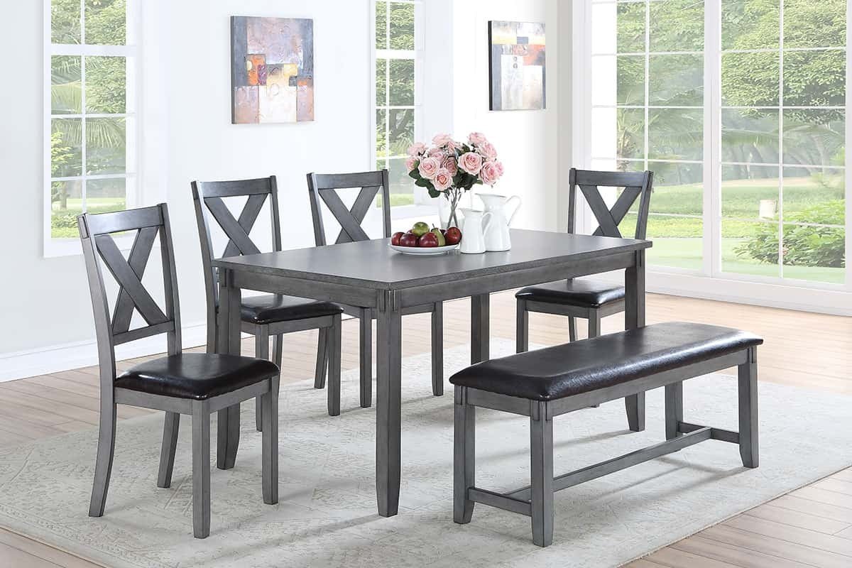 Dining Room Furniture Casual Modern 6pc Set Dining Table 4x Side Chairs and A Bench Rubberwood and Birch veneers Gray Finish | Home Elegance USA