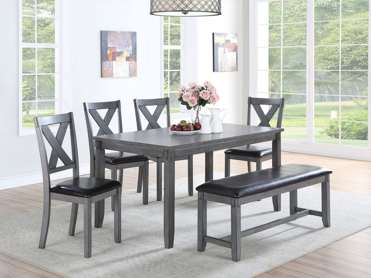 Dining Room Furniture Casual Modern 6pc Set Dining Table 4x Side Chairs and A Bench Rubberwood and Birch veneers Gray Finish | Home Elegance USA