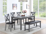 Dining Room Furniture Casual Modern 6pc Set Dining Table 4x Side Chairs and A Bench Rubberwood and Birch veneers Gray Finish | Home Elegance USA