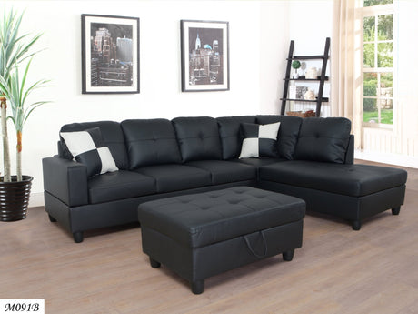 3 PC Sectional Sofa Set, (Black) Faux Leather left - Facing Sofa with Free Storage Ottoman - M091B - image - 1