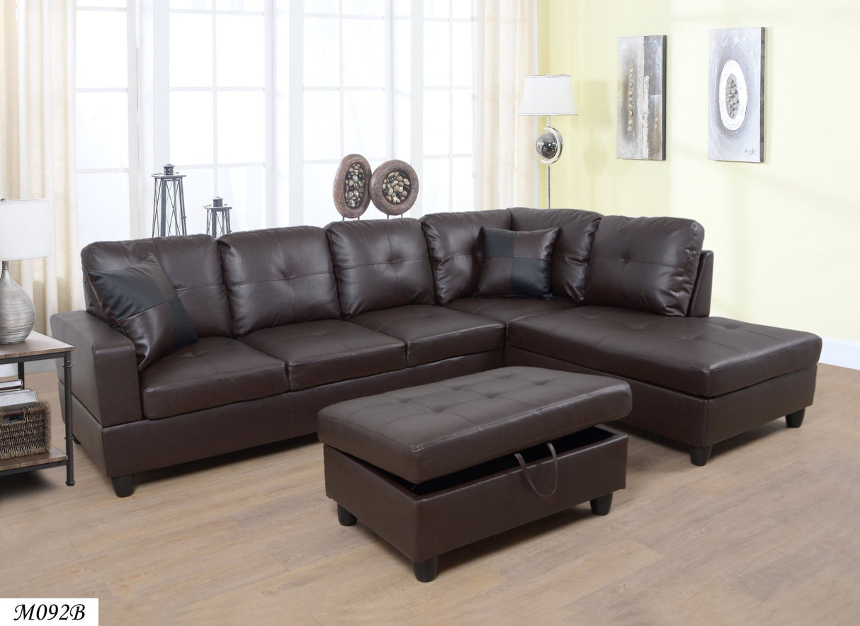 3 PC Sectional Sofa Set, (Brown) Faux Leather left - Facing Chaise with Free Storage Ottoman | Home Elegance USA