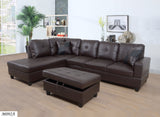 3 PC Sectional Sofa Set, (Brown) Faux Leather Right - Facing Chaise with Free Storage Ottoman | Home Elegance USA