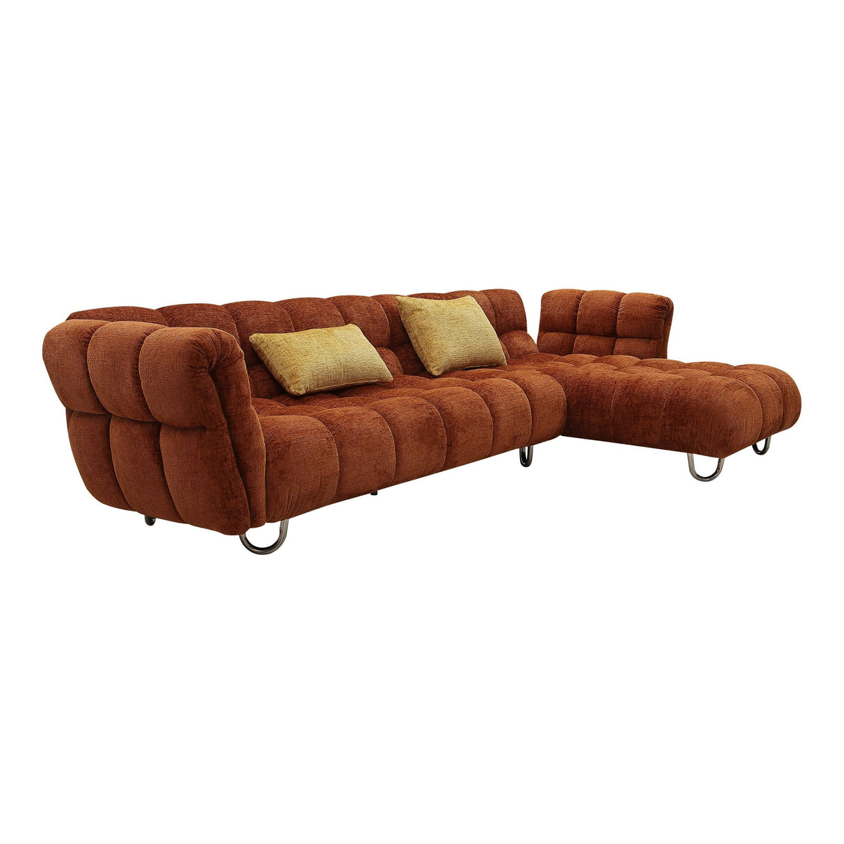 Modern Burnt Orange Fabric Right Facing Sectional Sofa + 2 Yellow Pillows