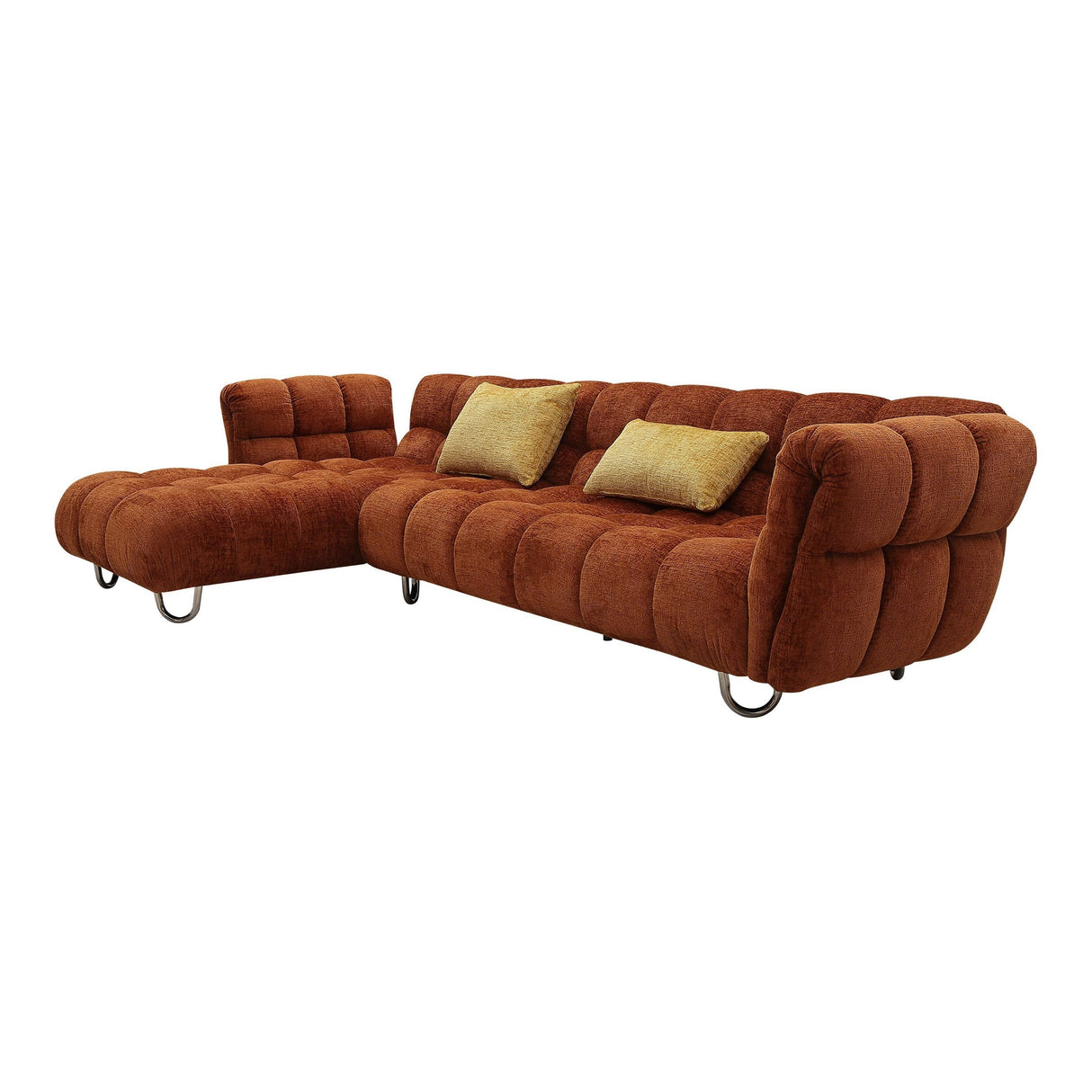Modern Burnt Orange Fabric Left Facing Sectional Sofa + 2 Yellow Pillows