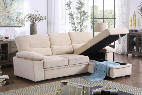 Kipling Beige Velvet Fabric Reversible Sleeper Sectional Sofa Chaise - Home Elegance USA