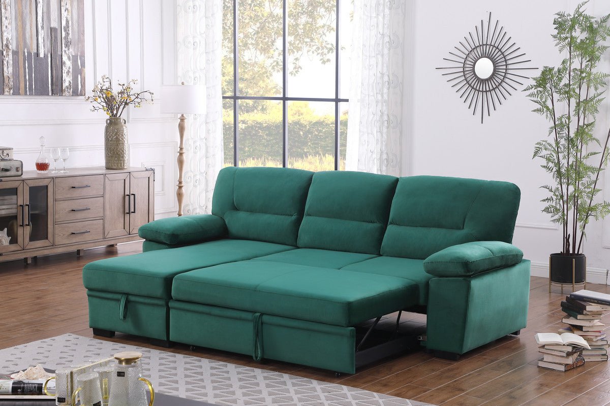 Kipling Green Velvet Fabric Reversible Sleeper Sectional Sofa Chaise - Home Elegance USA