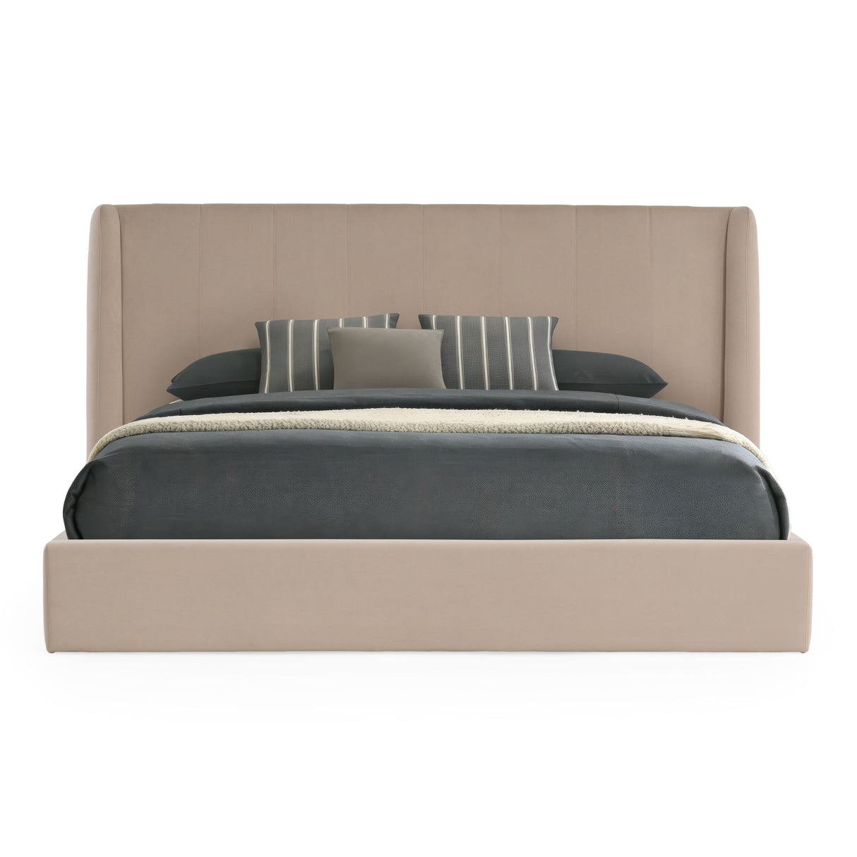 Eastern King Kiro + Roma - Modern Tan Fabric + Walnut 4-Piece Bedroom Set
