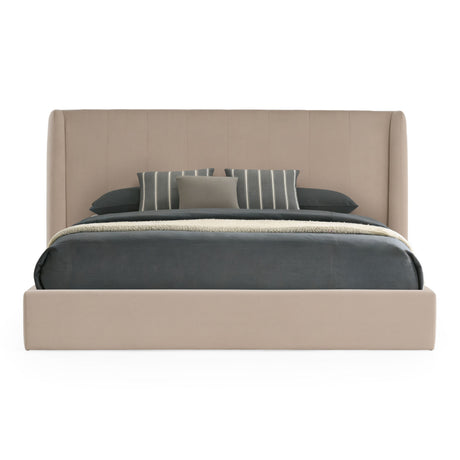 Eastern King Kiro + Roma - Modern Tan Fabric + Walnut 4-Piece Bedroom Set