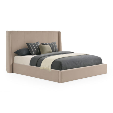 Eastern King Kiro + Roma - Modern Tan Fabric + Walnut 4-Piece Bedroom Set