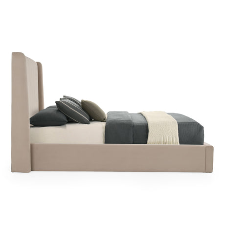 Eastern King Kiro + Roma - Modern Tan Fabric + Walnut 4-Piece Bedroom Set