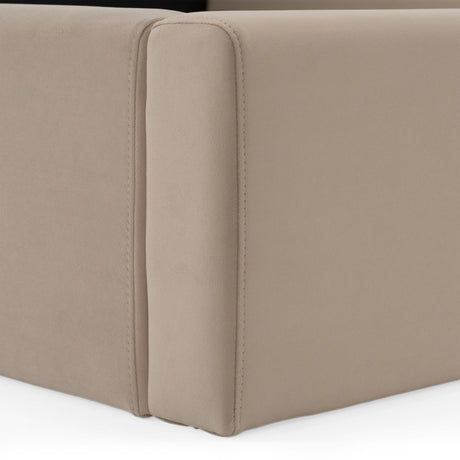 Eastern King Kiro + Roma - Modern Tan Fabric + Walnut 4-Piece Bedroom Set
