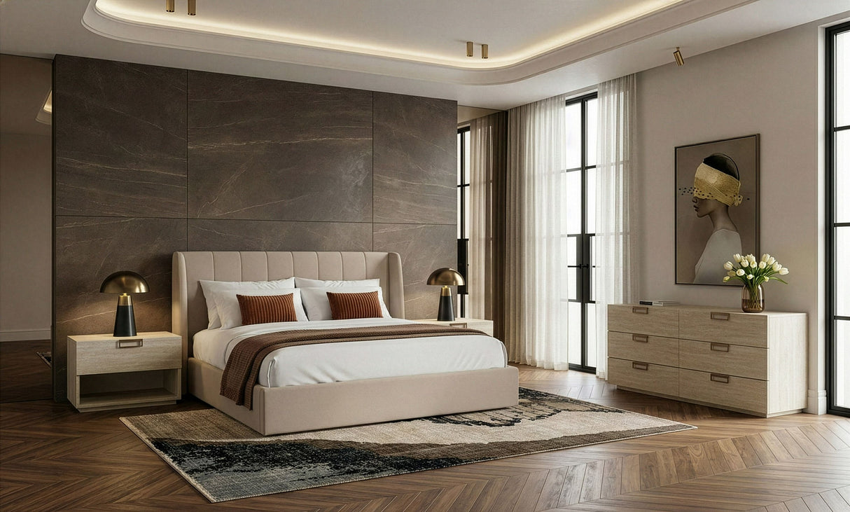 Eastern King Kiro + Lago - Modern Tan Fabric + Faux Travertine 4-Piece Bedroom Set