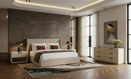 Eastern King Kiro + Lago - Modern Tan Fabric + Faux Travertine 4-Piece Bedroom Set